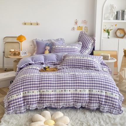 91家纺网 家纺一手货源 找家纺 眠屿家纺 2021新款韩版双层花边高克重牛奶绒四件套 花悦