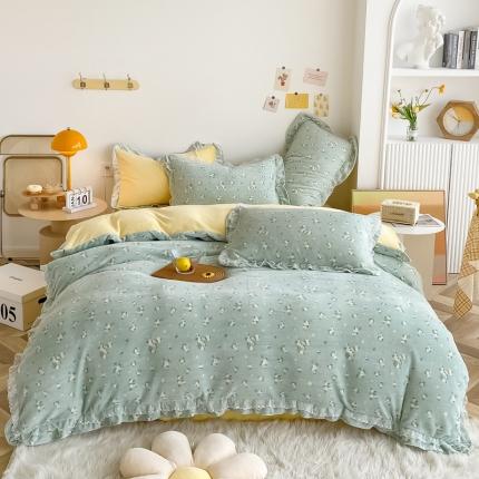 91家纺网 家纺一手货源 找家纺 （总）眠屿家纺 2021新款韩版双层花边高克重牛奶绒四件套