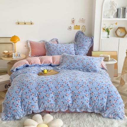 91家纺网 家纺一手货源 找家纺 眠屿家纺 2021新款韩版双层花边高克重牛奶绒四件套 温语