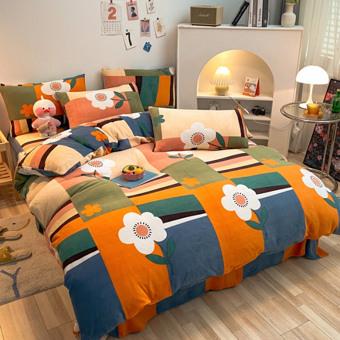 91家纺网 家纺一手货源 找家纺 金爱家 2021新款跑量款牛奶绒四件套 多彩向阳花