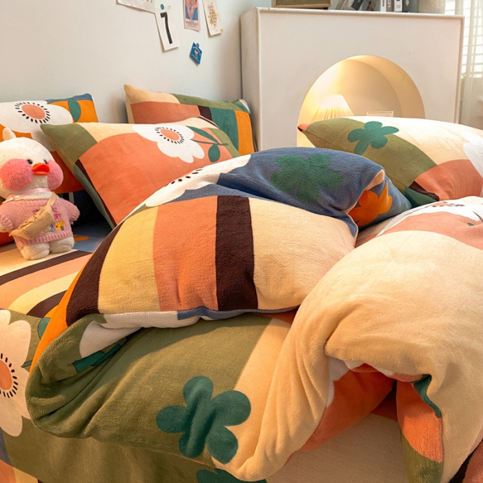 91家纺网 家纺一手货源 找家纺 金爱家 2021新款跑量款牛奶绒四件套 多彩向阳花