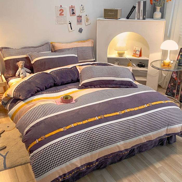 91家纺网 家纺一手货源 找家纺 金爱家 2021新款跑量款牛奶绒四件套 千鸟格