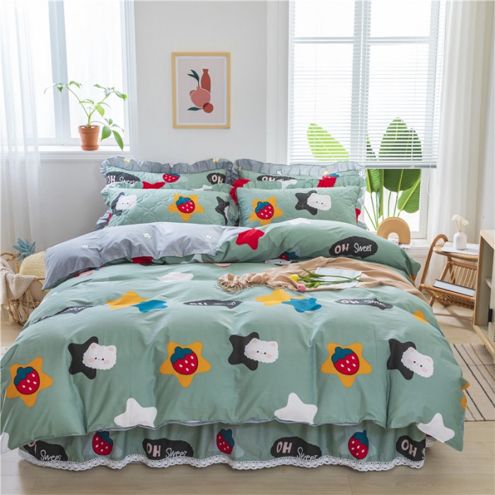 91家纺网 家纺一手货源 找家纺 纽缦 2021新款上下边夹棉四件套 喵星球绿