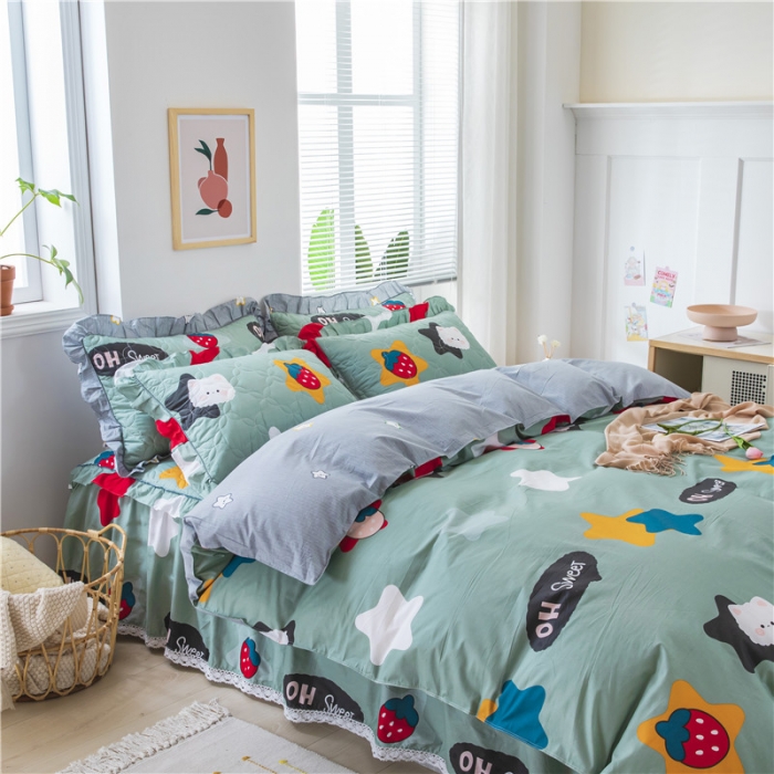 91家纺网 家纺一手货源 找家纺 纽缦 2021新款上下边夹棉四件套 喵星球绿