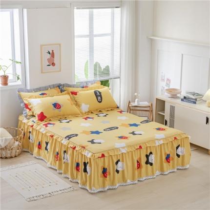 纽缦 2021新款上下边纯棉床裙 喵星球黄