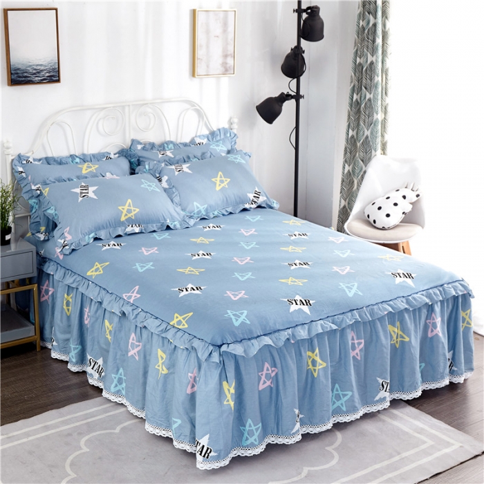 91家纺网 家纺一手货源 找家纺 纽缦 2021新款上下边纯棉床裙 星梦缘蓝