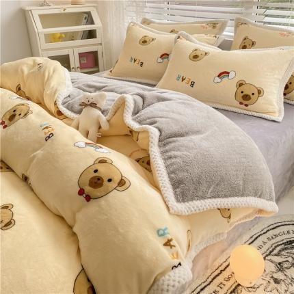91家纺网 家纺一手货源 找家纺 琪格格多角度A牛奶绒B兔兔绒大包边保暖四件套大包边-米色小熊