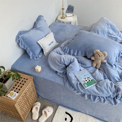 91家纺网 家纺一手货源 找家纺 六巷胡同 2021秋冬新品韩式荷叶边牛奶绒ins纯色四件套 雾蓝色