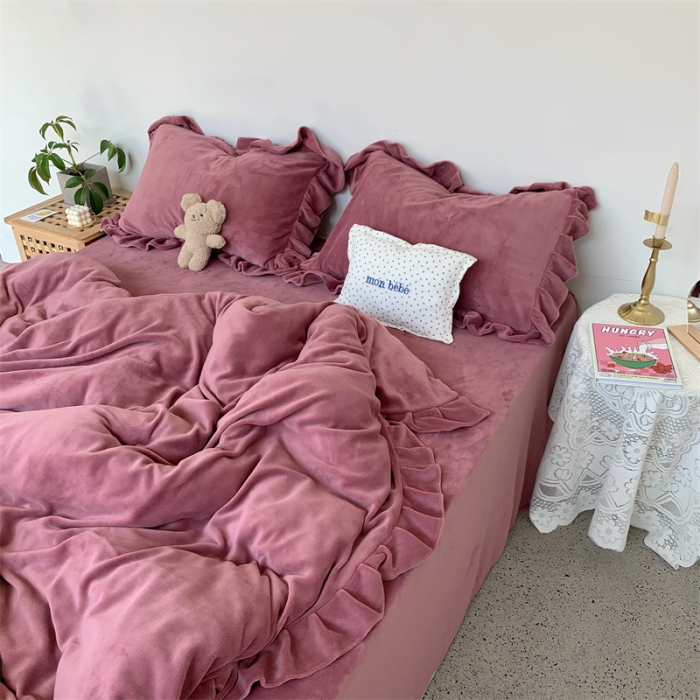 91家纺网 家纺一手货源 找家纺 六巷胡同 2021秋冬新品韩式荷叶边牛奶绒ins纯色四件套 酒红色