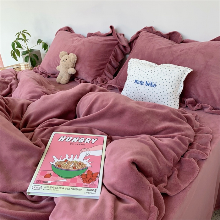 91家纺网 家纺一手货源 找家纺 六巷胡同 2021秋冬新品韩式荷叶边牛奶绒ins纯色四件套 酒红色