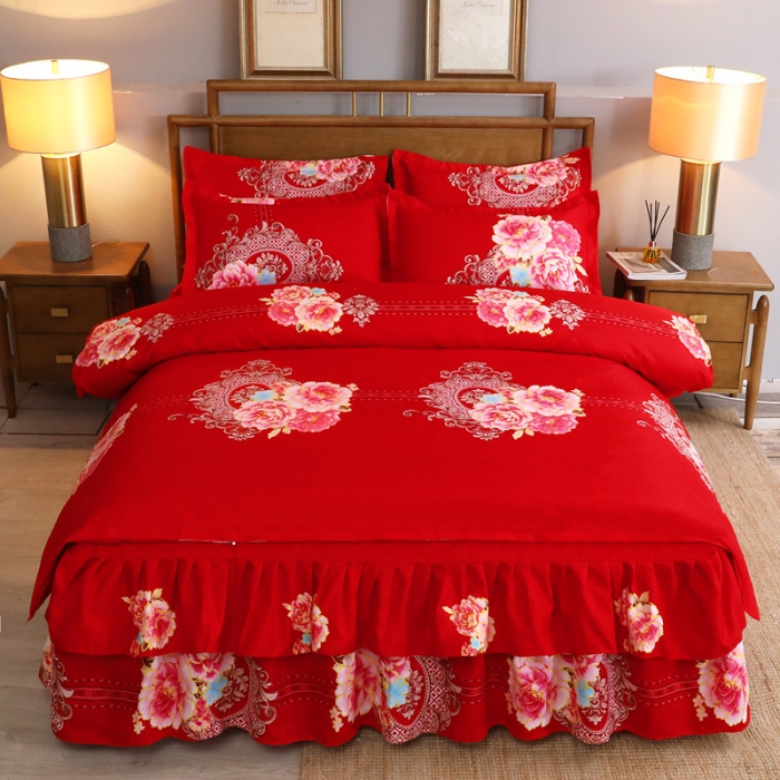 91家纺网 家纺一手货源 找家纺 （总）老K（美阁）新款婚庆大红磨毛印花四件套-小版花床裙款