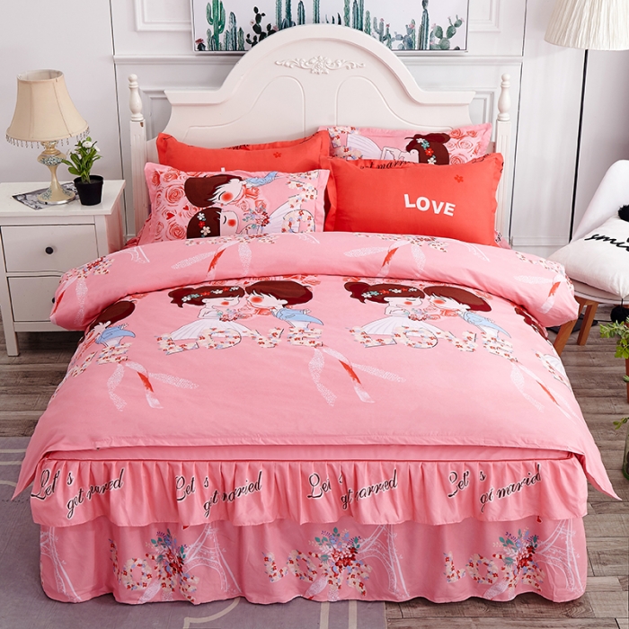 91家纺网 家纺一手货源 找家纺 （总）老K（美阁）新款婚庆大红磨毛印花四件套-小版花床裙款