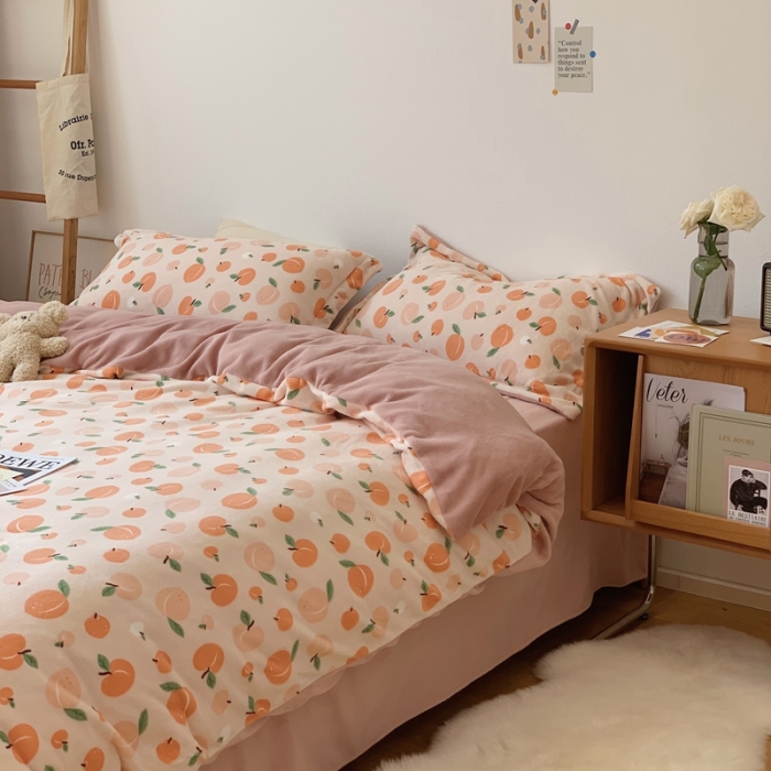 91家纺网 家纺一手货源 找家纺 时年家纺 2021新款牛奶绒印花系列四件套 蜜桃