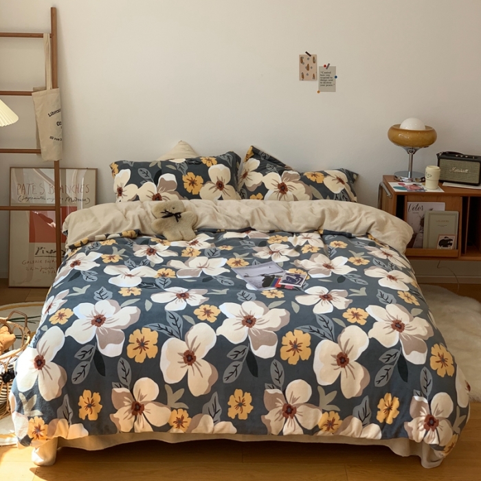 91家纺网 家纺一手货源 找家纺 时年家纺 2021新款牛奶绒印花系列四件套 向阳花开