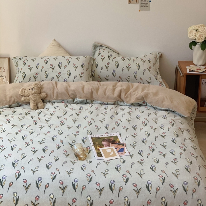 91家纺网 家纺一手货源 找家纺 时年家纺 2021新款牛奶绒印花系列四件套 郁金香