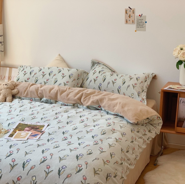 91家纺网 家纺一手货源 找家纺 时年家纺 2021新款牛奶绒印花系列四件套 郁金香