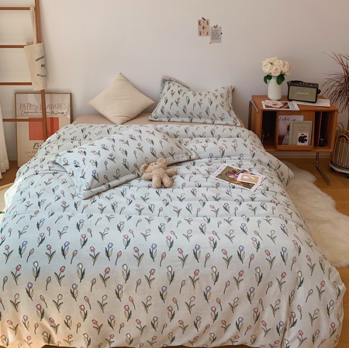 91家纺网 家纺一手货源 找家纺 时年家纺 2021新款牛奶绒印花系列四件套 郁金香