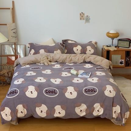 时年家纺 2021新款牛奶绒印花系列四件套 酷酷狗咖