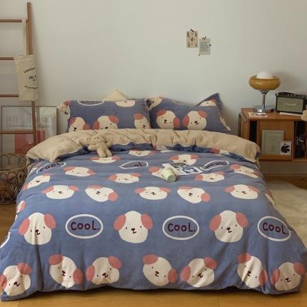 时年家纺 2021新款牛奶绒印花系列四件套 酷酷狗蓝