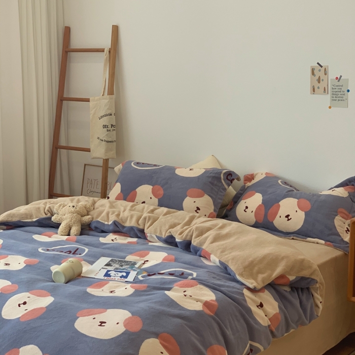 91家纺网 家纺一手货源 找家纺 时年家纺 2021新款牛奶绒印花系列四件套 酷酷狗蓝