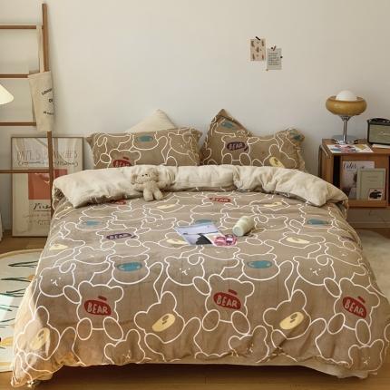 时年家纺 2021新款牛奶绒印花系列四件套 玩具熊咖