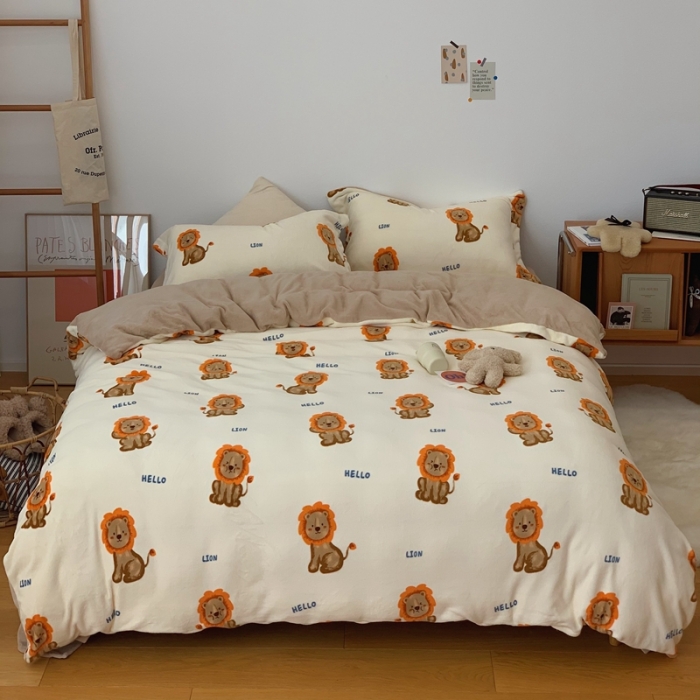 91家纺网 家纺一手货源 找家纺 时年家纺 2021新款牛奶绒印花系列四件套 小狮子