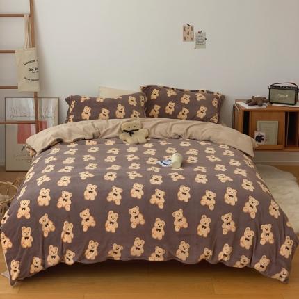 时年家纺 2021新款牛奶绒印花系列四件套 熊仔仔咖