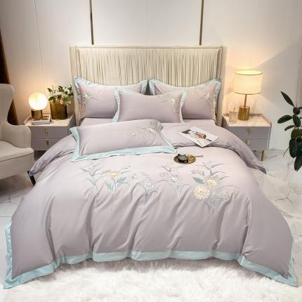 品家居 2021新款180S全棉澳棉刺绣四件套-恬梦 粉灰