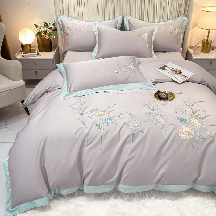 91家纺网 家纺一手货源 找家纺 品家居 2021新款180S全棉澳棉刺绣四件套-恬梦 粉灰