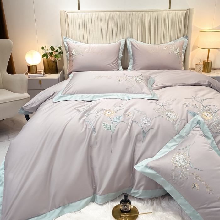 91家纺网 家纺一手货源 找家纺 品家居 2021新款180S全棉澳棉刺绣四件套-恬梦 粉灰