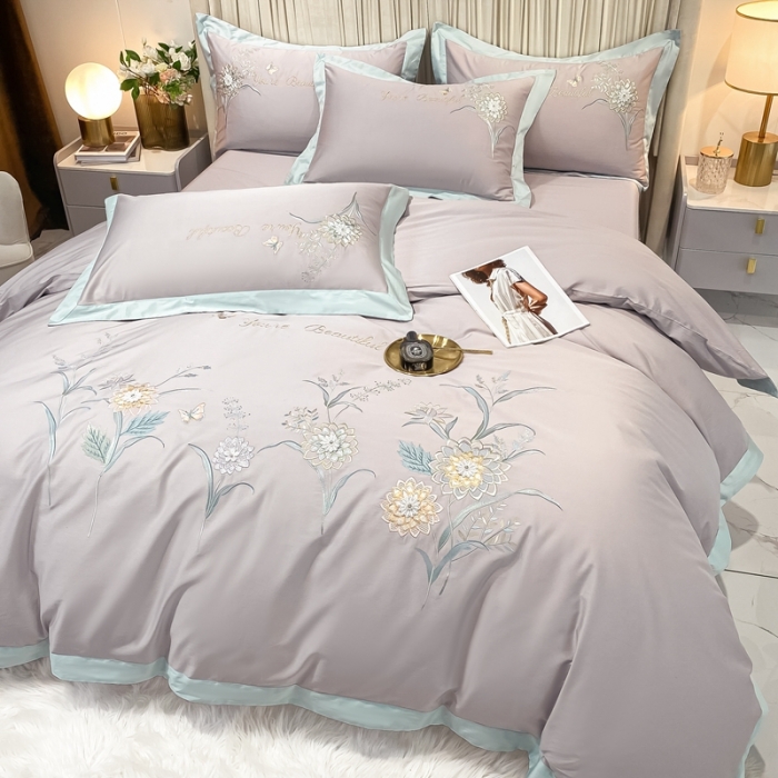 91家纺网 家纺一手货源 找家纺 品家居 2021新款180S全棉澳棉刺绣四件套-恬梦 粉灰