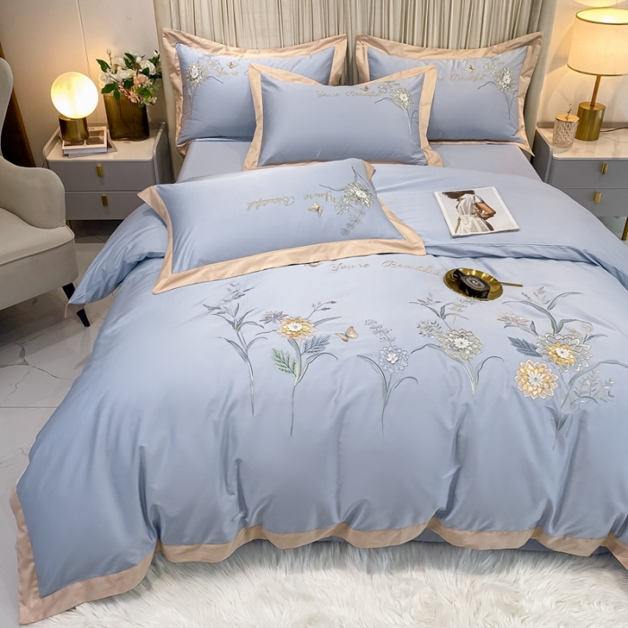 91家纺网 家纺一手货源 找家纺 品家居 2021新款180S全棉澳棉刺绣四件套-恬梦 蓝