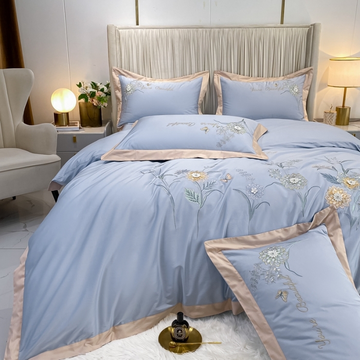 91家纺网 家纺一手货源 找家纺 品家居 2021新款180S全棉澳棉刺绣四件套-恬梦 蓝