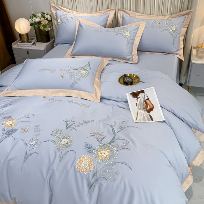 91家纺网 家纺一手货源 找家纺 品家居 2021新款180S全棉澳棉刺绣四件套-恬梦 蓝