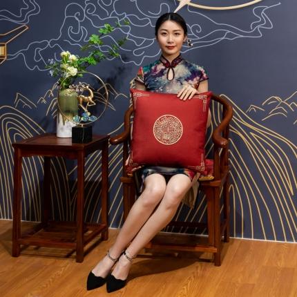 91家纺网 家纺一手货源 找家纺 北辰 2021新款印花新中式抱枕 花开锦绣-红