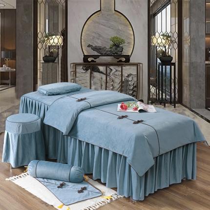 纤晴家纺 2021新款美容床罩四件套荷兰绒美容院床罩 相思叶-月光蓝