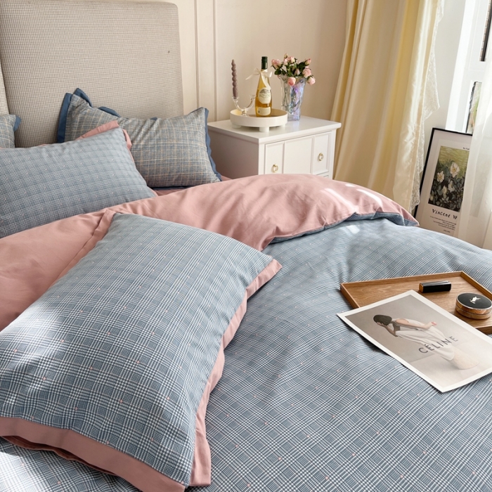 91家纺网 家纺一手货源 找家纺 时年 2021新款全棉生态磨毛飞边款系列四件套 格纹-粉