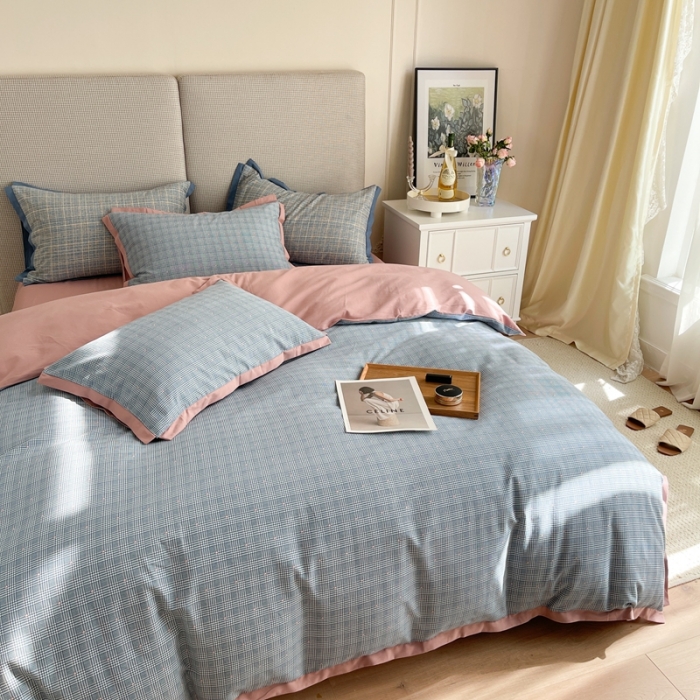 91家纺网 家纺一手货源 找家纺 时年 2021新款全棉生态磨毛飞边款系列四件套 格纹-粉