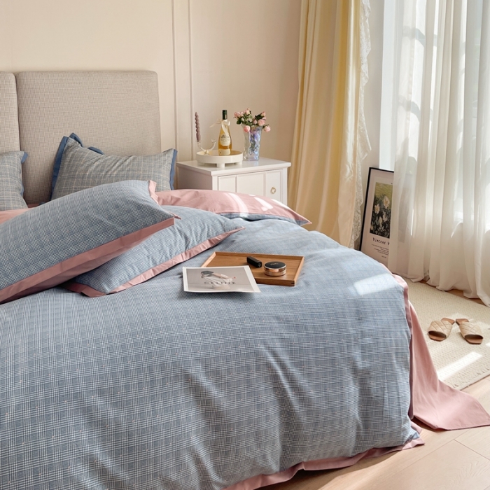 91家纺网 家纺一手货源 找家纺 时年 2021新款全棉生态磨毛飞边款系列四件套 格纹-粉