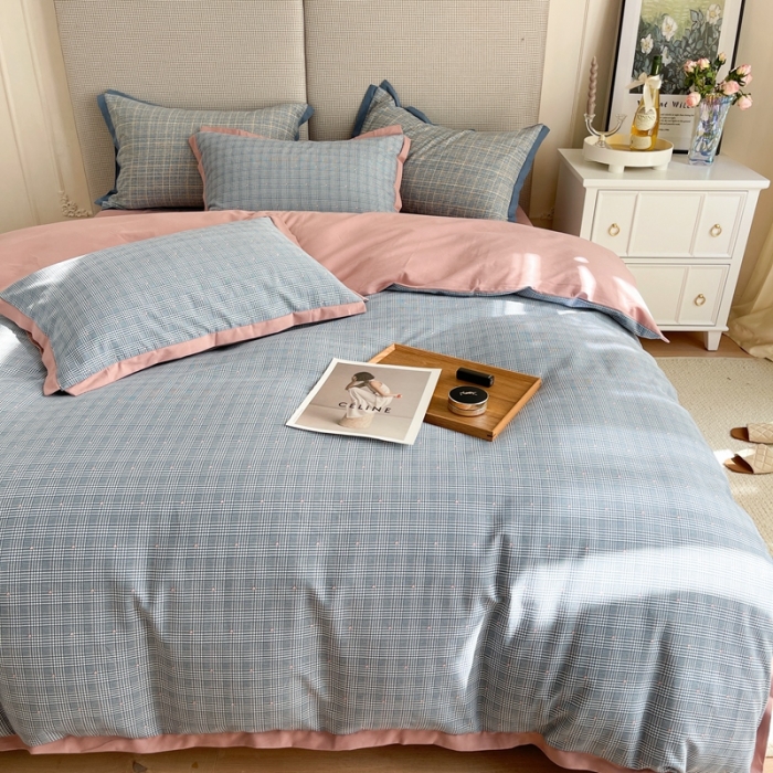 91家纺网 家纺一手货源 找家纺 时年 2021新款全棉生态磨毛飞边款系列四件套 格纹-粉