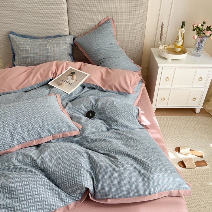 91家纺网 家纺一手货源 找家纺 时年 2021新款全棉生态磨毛飞边款系列四件套 格纹-粉