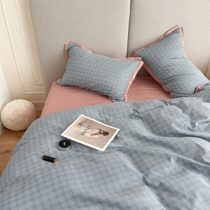 91家纺网 家纺一手货源 找家纺 时年 2021新款全棉生态磨毛飞边款系列四件套 格纹-粉