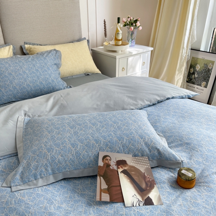 91家纺网 家纺一手货源 找家纺 时年 2021新款全棉生态磨毛飞边款系列四件套 伊索-蓝