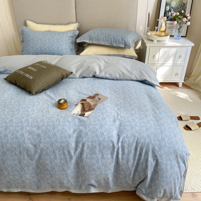91家纺网 家纺一手货源 找家纺 时年 2021新款全棉生态磨毛飞边款系列四件套 伊索-蓝