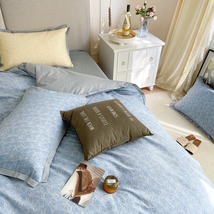 91家纺网 家纺一手货源 找家纺 时年 2021新款全棉生态磨毛飞边款系列四件套 伊索-蓝