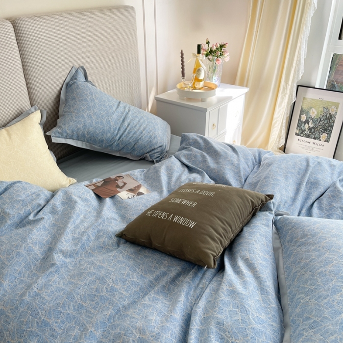 91家纺网 家纺一手货源 找家纺 时年 2021新款全棉生态磨毛飞边款系列四件套 伊索-蓝