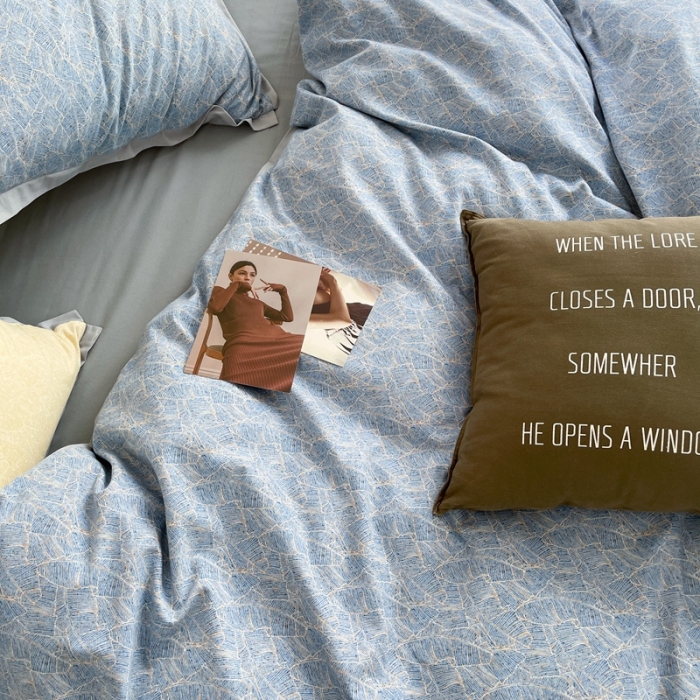 91家纺网 家纺一手货源 找家纺 时年 2021新款全棉生态磨毛飞边款系列四件套 伊索-蓝