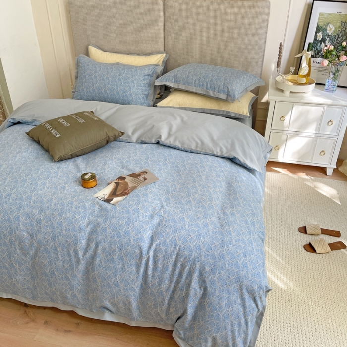 91家纺网 家纺一手货源 找家纺 时年 2021新款全棉生态磨毛飞边款系列四件套 伊索-蓝