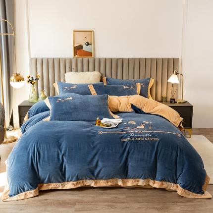 澳梵家居2021新款婴儿绒轻奢风刺绣H.时尚四件套 H-藏蓝