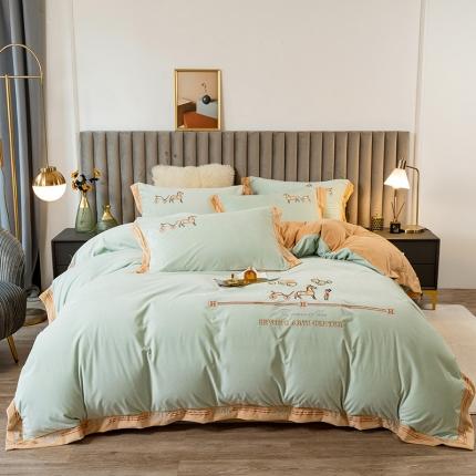 澳梵家居2021新款婴儿绒轻奢风刺绣H.时尚四件套 H-果绿